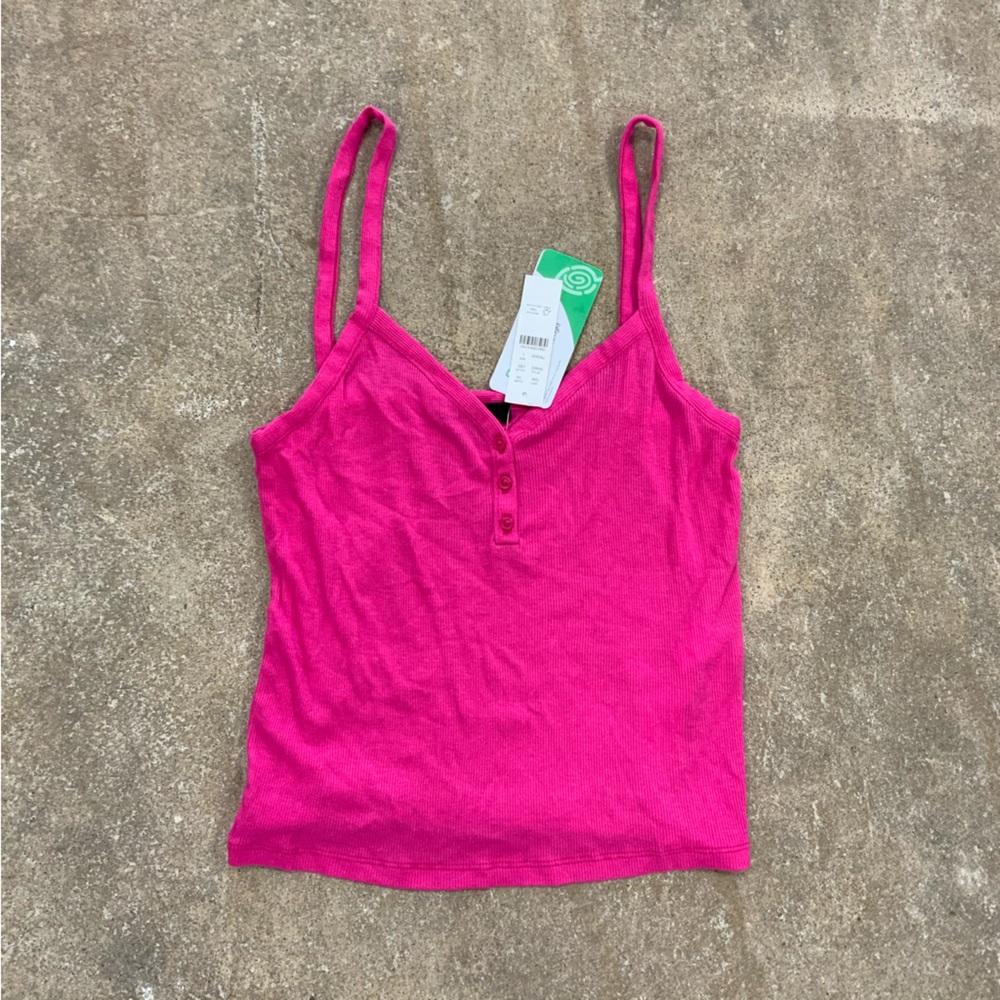 J. Crew Bright Fuchsia Hot Pink Vintage rib henley tank top shirt  OBO - Picture 2 of 9